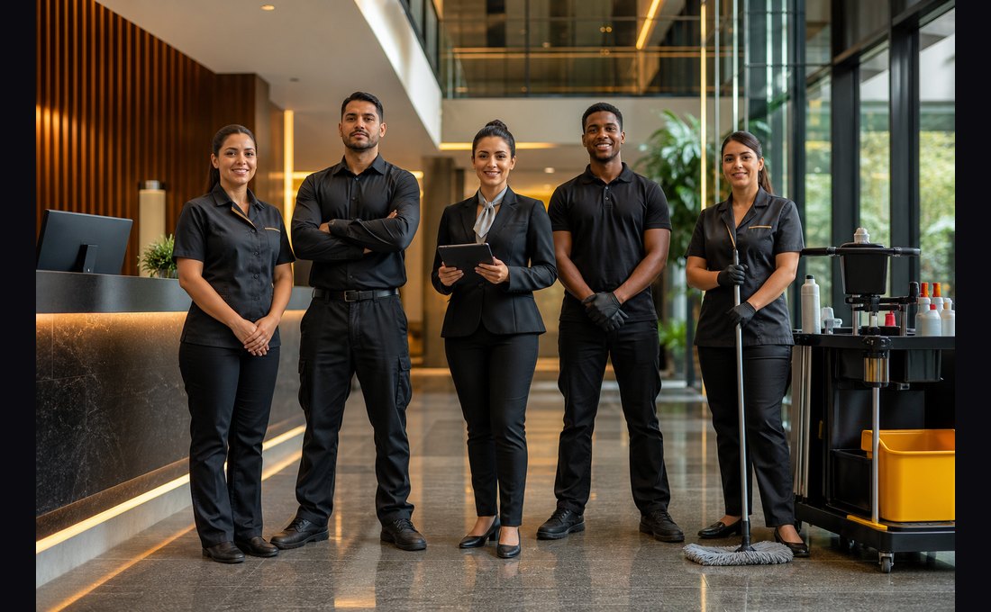 Equipe profissional de prestação de serviços em ambiente corporativo