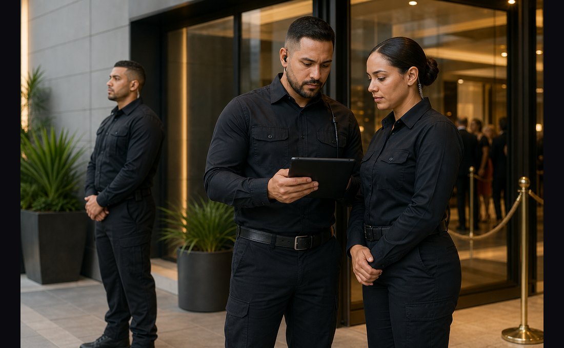 Equipe de segurança privada em entrada corporativa